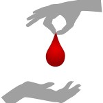 Blood donation/Silhouettes of hands one giving blood drop, the other receiving